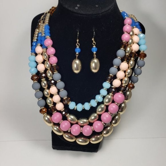 Multicolor Layered Beaded Necklace & Gold Drop Earrings – Statement Fashion Set - Picture 4 of 14